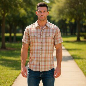 ROCAWEAR Men L Classic Button Orange Plaid Vintage Summer Beach Short Sleeve Y2K